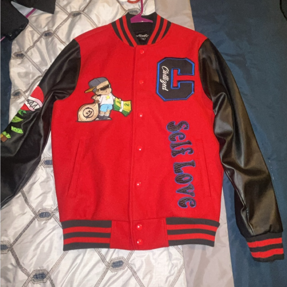 Red Varsity Jacket with Black Sleeves never worn
